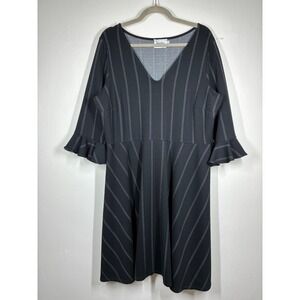Leota Black Pinstripe Dress 1L 1X Bell Sleeve V Neck Knee Length Black Career